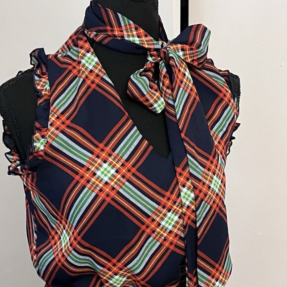 New York & Company Plaid Sleeveless Dress Sz XS Navy Red Green Ruffle Tiered - Picture 3 of 9